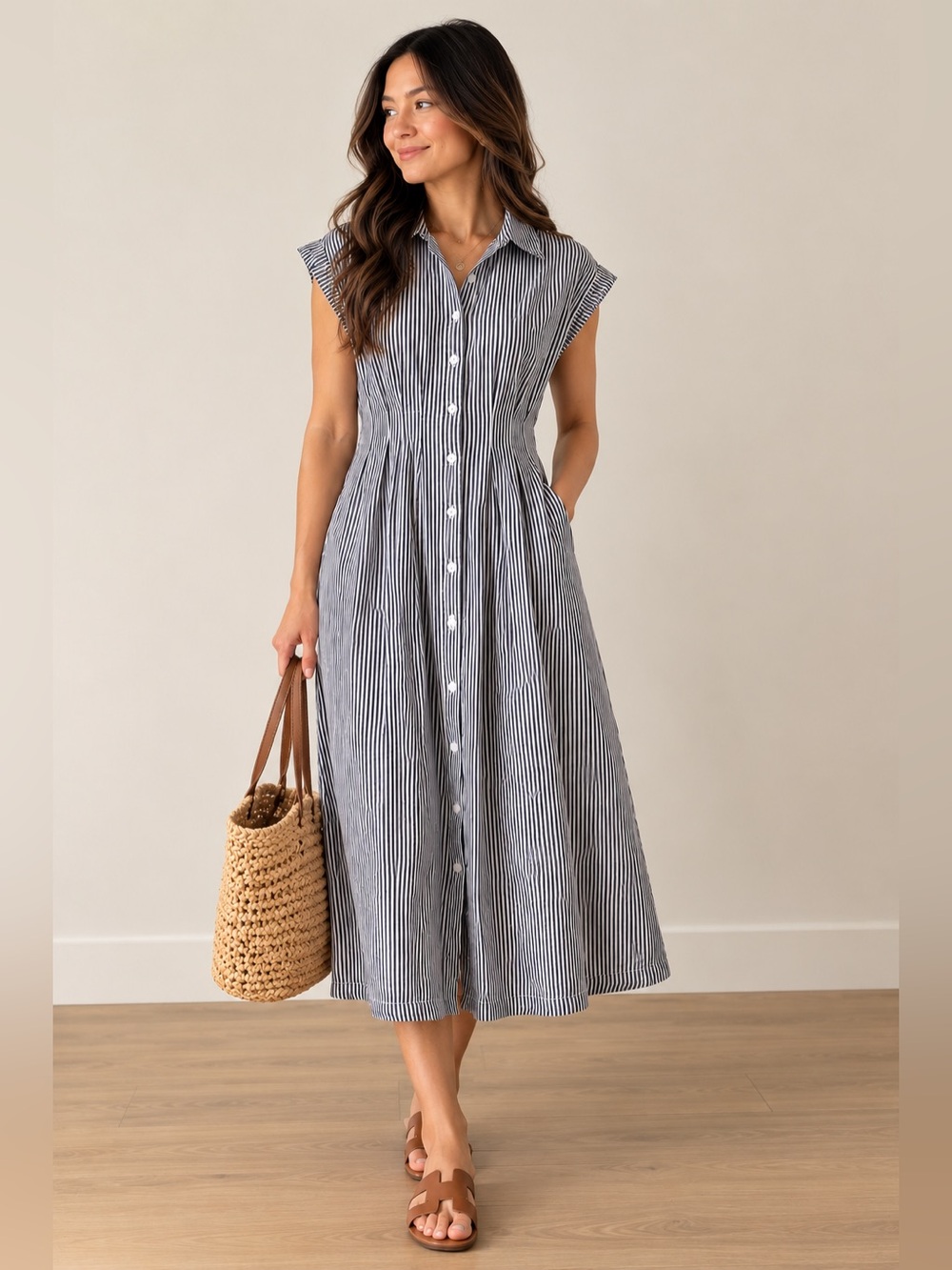 GAP Poplin Midi Shirtdress | Black & White Stripes | Cotton | M